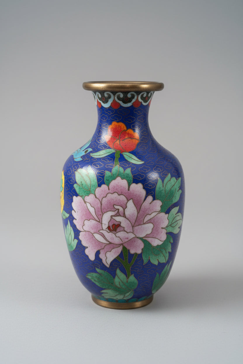 Vintage JingFa Cloisonne Cobalt Blue Vase w/ Floral and Bird Motif