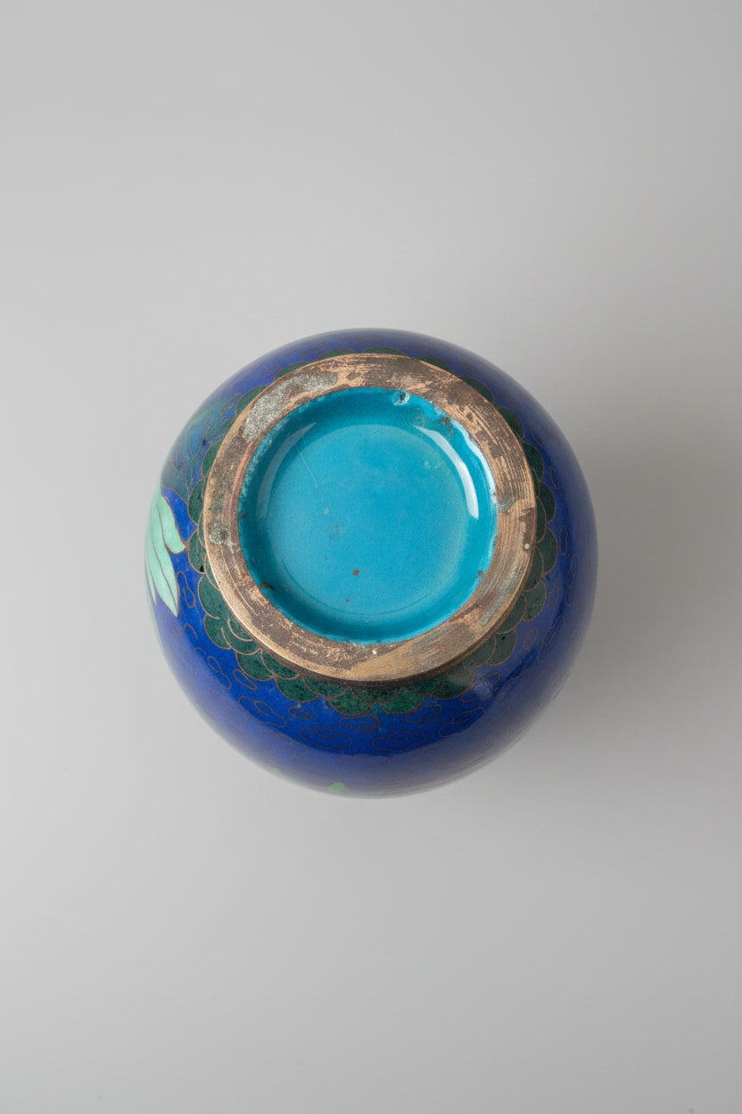 Vintage JingFa Cloisonne Cobalt Blue Vase w/ Floral and Bird Motif